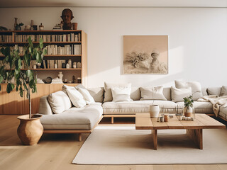 Bright and airy light wood living room space. AI Generative.