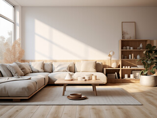 Elegant light wood living room featuring natural tones. AI Generative.