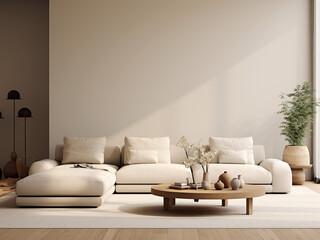 Serene minimalism living room with clean design. AI Generative.