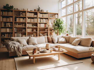 Cozy light wood living room interior with natural decor. AI Generative.