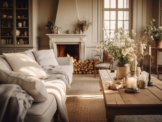 Rustic Provence living room with cozy textures. AI Generative.