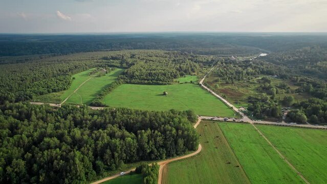 aerial drone flight at green summer field near forest in a northern climate near the river