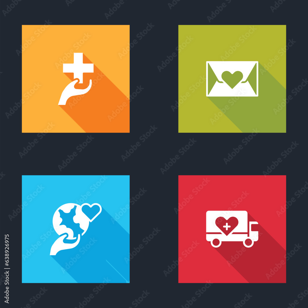 Wall mural set heart with cross, envelope heart, hand holding earth globe and humanitarian truck icon. vector