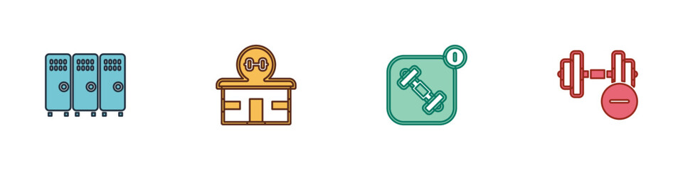 Set Locker or changing room, Gym building, Fitness app and Dumbbell icon. Vector