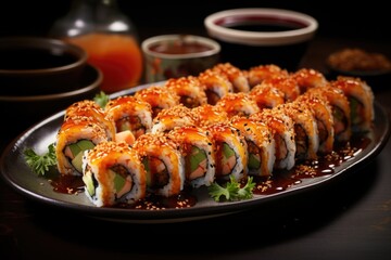 A plate of sushi rolls with a variety of fillings, served with soy sauce and wasabi. Generative AI