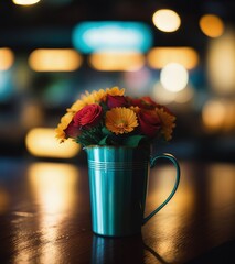 Colorful flowers in cup vase, conceptual food photography with bokeh lights. Restaurant ambiance. Generative ai art. - 638927578