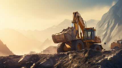Obraz premium A large construction back hoe vehicle on a large rock pile with another construction vehicle working in the background. Sky is hazy to indicate dust and an active work site.