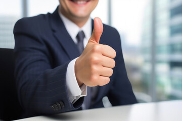 Positive Workplace Gesture: Close Up of Businessman's Thumbs Up