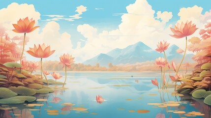 Serene summer landscape illustration, lake, blooming lotus flower, mountain background and blue cloudy sky.
