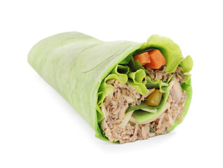 Delicious tortilla wrap with tuna isolated on white