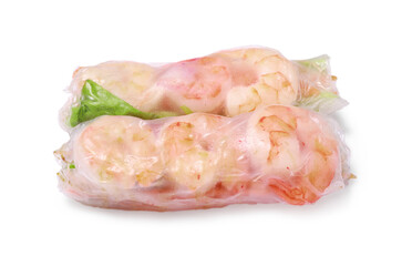 Tasty spring rolls with shrimps and lettuce wrapped in rice paper on white background