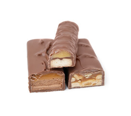 Pieces of different tasty chocolate bars on white background