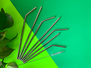 Ecofriendly flat lay of reusable drinking stainless steel metal straws on green surface next to a green plant for go green sustainable concept. 