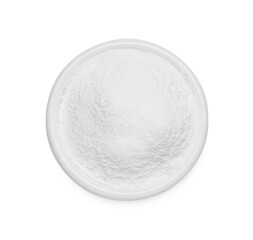 Bowl of natural starch isolated on white, top view