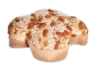 Delicious Italian Easter dove cake (Colomba di Pasqua) decorated with sugar and almonds on white background