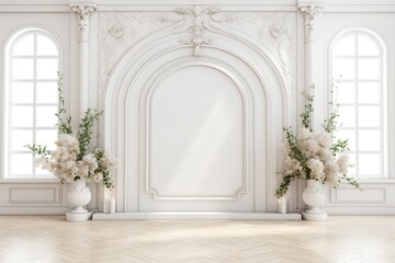 Fototapeta na wymiar wedding clean backdrop aesthetic flower decoration white indoor minimalist studio background