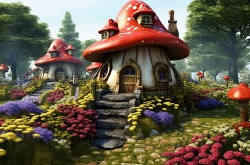 mushroom house in beautiful garden in nature - ai generated.