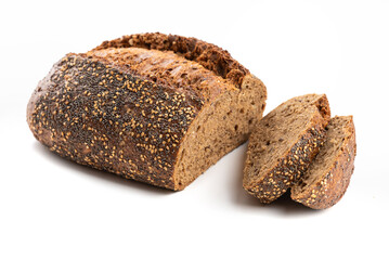 Dark rye bread with poppy seeds, sesame seeds, and others. Isolate on a white background.