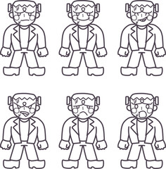 いろいろな表情の可愛くデフォルメしたフランケンシュタインの線画セット