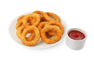 Tasty fried onion rings with ketchup on white background