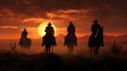 Cowboys, on horseback, silhouetted by the setting sun