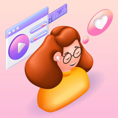 3D Isometric people character illustration. Cartoon happy girl enjoys listening to music. Red - haired girl with freckles and glasses. Vector for website