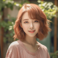 Fototapeta premium [salon kei],a girl with soft light brown hair is photograph, in the style of realistic hyper-detailed photograph [background city weather fine],natural makeup,[hyper-realistic skin texture], light 