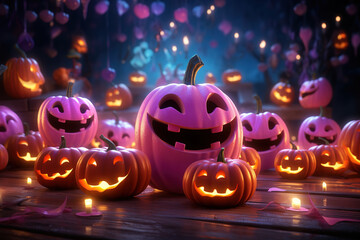 Halloween pink pumpkins dancing at the dance music party. - obrazy, fototapety, plakaty