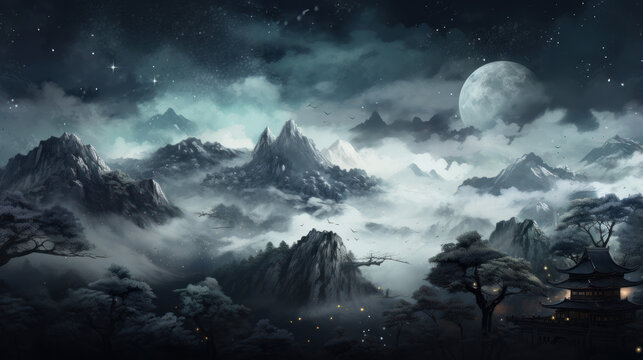 Celestial Reverie: A Surreal Blend of Chinese Elements and Cartoon Magic under the Starry Night"