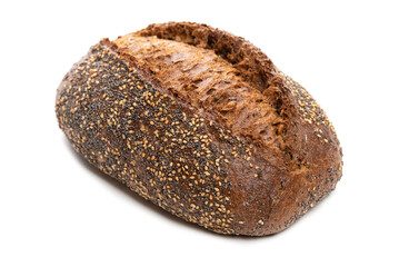 Dark rye bread with poppy seeds, sesame seeds, and others. Isolate on a white background.