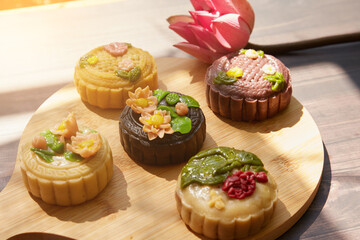 Flat lay mid autumn festival mooncake and tea still life