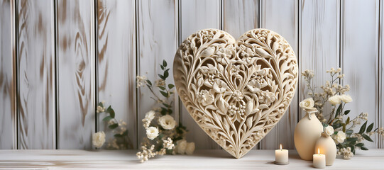 Carved wooden heart with white roses and candles on wooden background. Generative AI