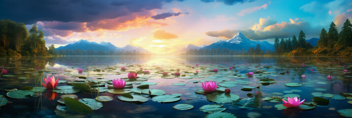 Fototapeta na wymiar Wasserlilien auf einem See. Generiert mit KI