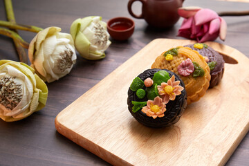 Flat lay mid autumn festival mooncake and tea still life