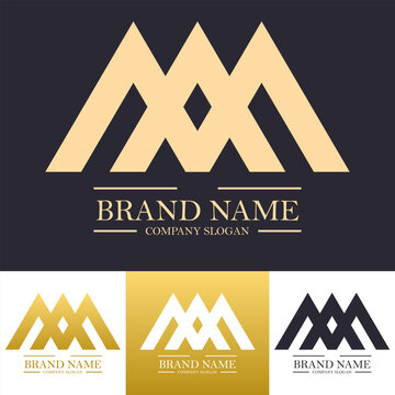 simple mountain letter m a logo design in gold color