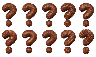 Set of chocolate question mark symbol design. Ask icon or sign shape isolated on transparent background in 3d rendering.