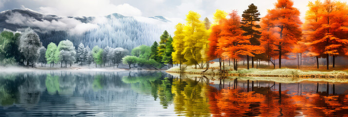 Fototapeta premium Herbstlandschaft. Bäume mit gelben und orangen Blättern am See. Generiert mit KI