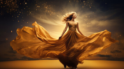Gold Fashion Model Dress, Woman In Golden Silk Gown Flowing Fabric, Beautiful Girl on Stars Sky looking up - obrazy, fototapety, plakaty