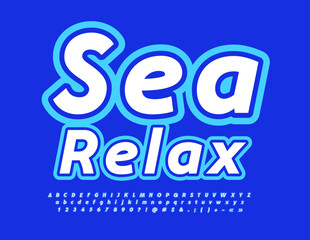 Vector creative advertisement Sea Relax. Modern Bright Font. White and Blue Alphabet Letters and Numbers set