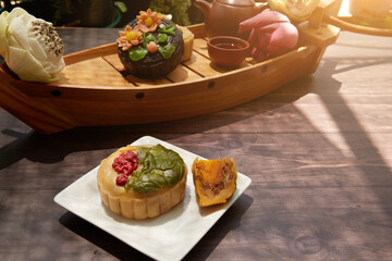 Conceptual mid-autumn festival food and drink still life.