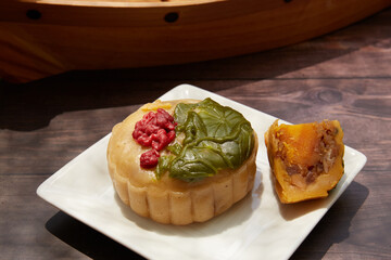 Conceptual mid-autumn festival food and drink still life.