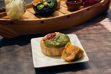 Conceptual mid-autumn festival food and drink still life.
