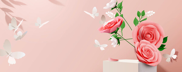 pink rose cosmetic product podium background.