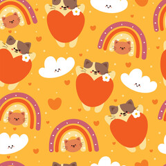 seamless pattern cartoon cat, orange heart and sky element. cute animal wallpaper for textile, gift wrap paper