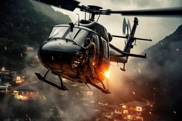 Fotobehang Action shot with helicopter hovering in the air. Dynamic scene in action movie blockbuster style. © swillklitch