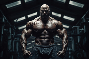 Fototapeta na wymiar Extreme bodybuilder showing his muscles. Huge athlete demonstrating power.