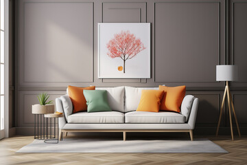 Gemütliches skandinavisches Sofa mit Kissen in Orange und Mintgrün vor moderner beiger Wand mit einer Baumillustration in einem Bilderrahmen.- 638933106