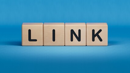 LINK text on wooden cubes.3D rendering on blue background.
