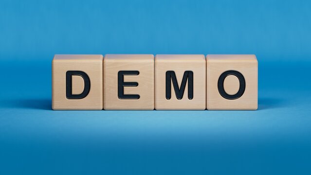 Demo. Cubes form the word Demo. An extensive concept of the word demo applied in different fields of activity.3D rendering on blue background.
