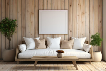Wohnzimmer mit gemütlichem Sofa mit vielen Kissen in Beige und Weiß und einem großen Bilderrahmen Mockup mit Freiraum vor einer hellen Holzwand.  - 638933590